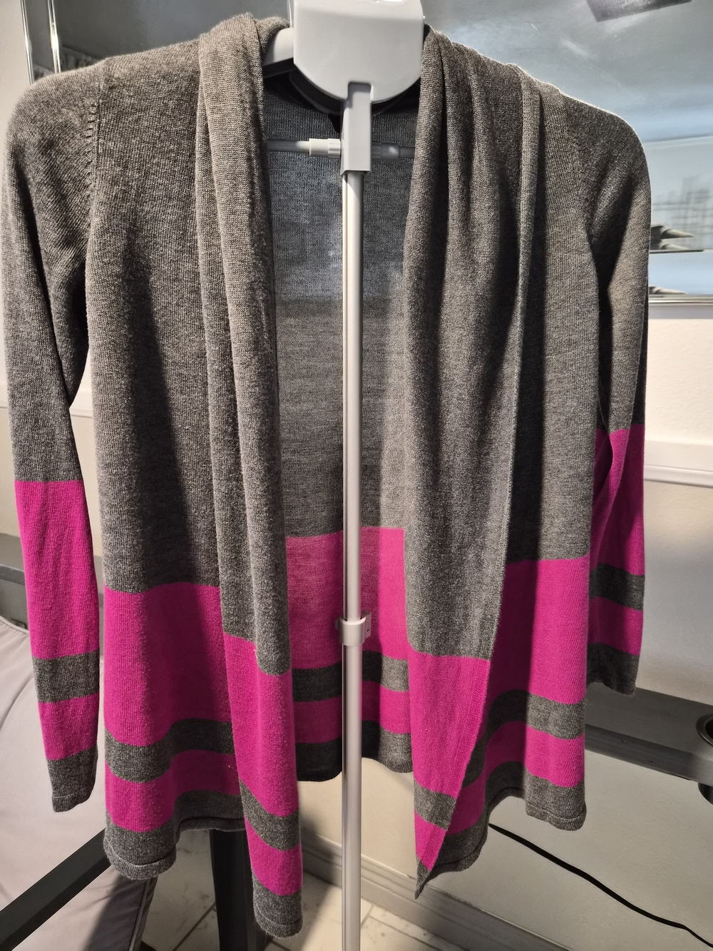 INC International Concepts Gray Cardigan with Fuchsia Stripe Trim